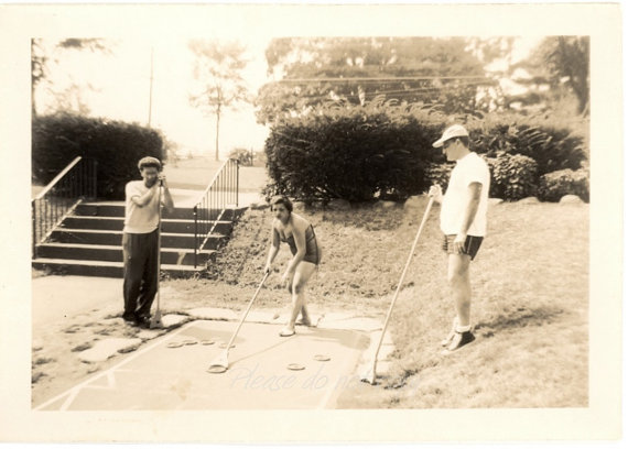 1940's photo of 3 people playing Shuffleboard ~ Vintage Snapshot Photo