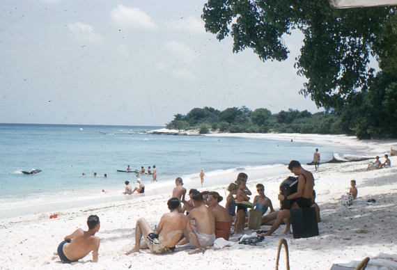 1950s vintage photo: 1950's Kodachrome Picture Slide of beach scene with accordion player