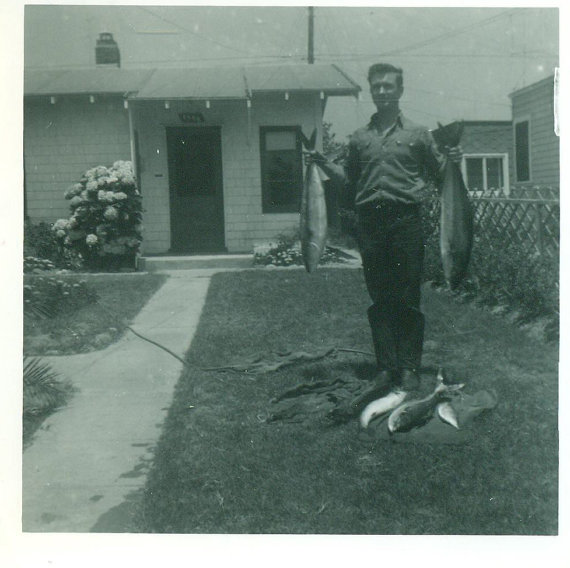 1950s vintage photo: 1957 Gary Wakefield Dad Holding Up Big Fish 