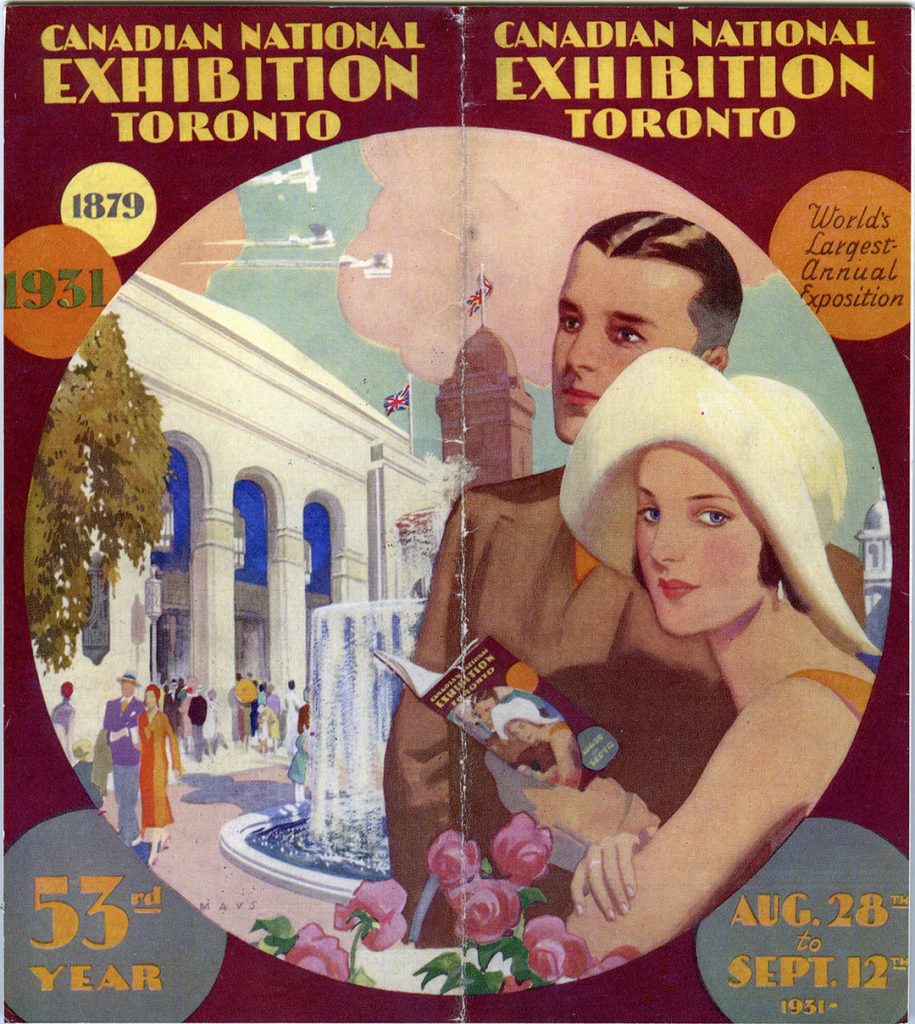 CNE Programme Cover, 1931 featuring an illustration of a couple in 1930s fashions looking at the program. 