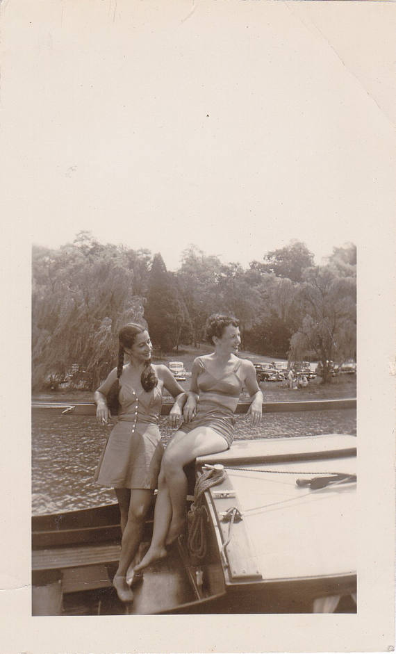 Floating Boats- 1940s Vintage Photograph- Women in Swimsuits and a two piece playsuit. 