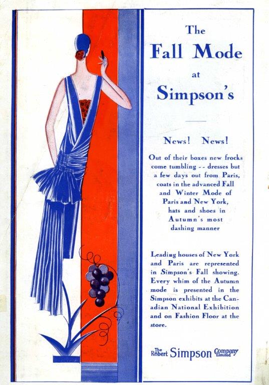 Simpson's Ad In CNE Programme, 1928. The illustration features an amazing Art Deco style 1920s evening gown. 