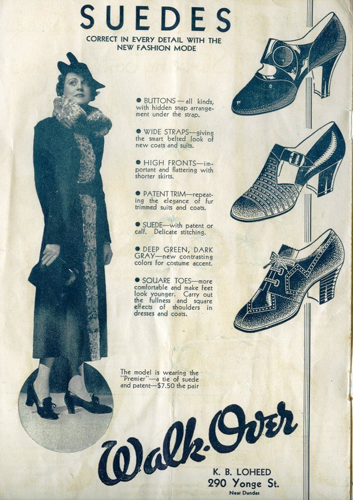 1930s vintage ad: Suede Shoe Ad in a 1935 CNE Fashion Show Programme. The Ad features a woman in 1930s dress and coat & hat and an illustration of 1930s shoes. 