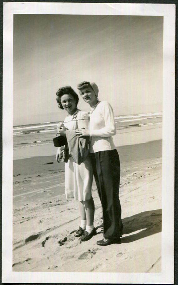 Vintage Photo of Two Friends at Cannon Beach, Oregon, 1940's vintage photo. The image showcases fantastic 1940s fashions. 