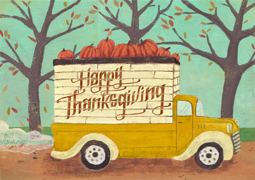 happy thanksgiving vintage illustration of a truck holding pumpkins. 