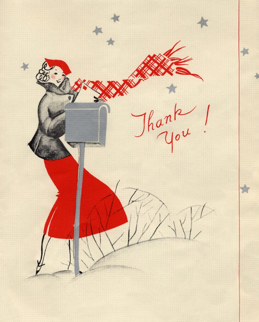 Vintage Thank You Card illustration featuring a young woman in 1950s fashions. 