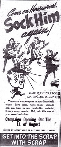 "Come on Housewives SOCK HIM again!". 1940s Canadian Fraser Valley Propaganda Poster for saving scrap from your home for the war effort.