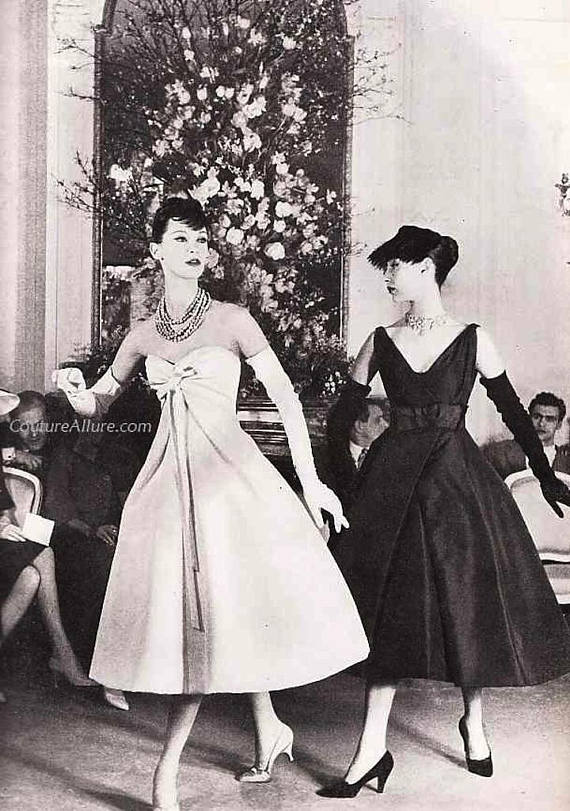 1950s Vintage Photo: 1956 haute couture numbered off white silk Femme Fleur look ball gown Wedding Made in France.