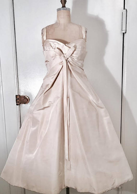 1950s Fashion: Christian Dior 1956 haute couture numbered off white silk Femme Fleur look ball gown Wedding Made in France