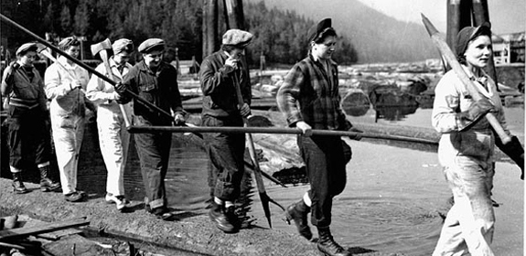 1940s vintage photo of Female loggers (‘lumberjills') in the Queen Charlotte Islands, BC. April 1943 doing their part for WW2 Homefront effort in Canada.