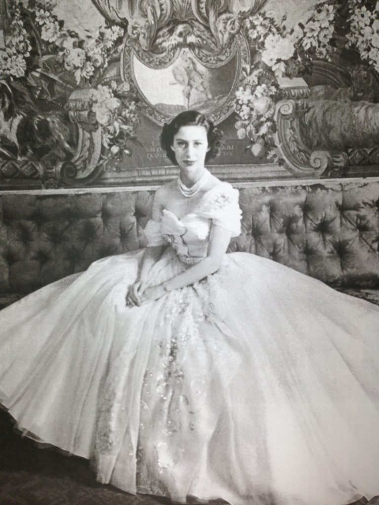 1950s photo of Princess Margaret in Dior 1950s evening gown. 