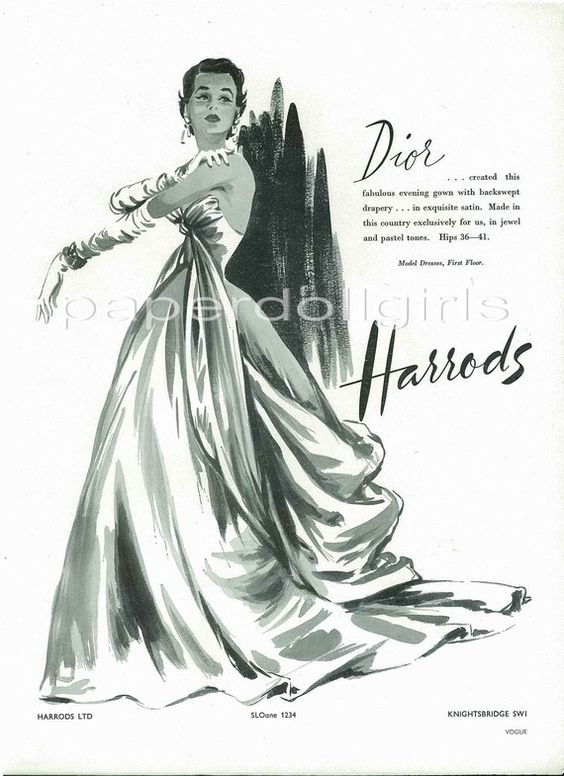 1950s Advertisement: UK Vogue 1953 Magazine Advertisement for a Dior evening gown sold at Harrods London.