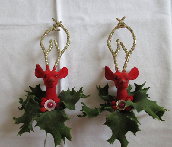 1950's Christmas Flocking Deer Ornaments -Christmas Kitsch