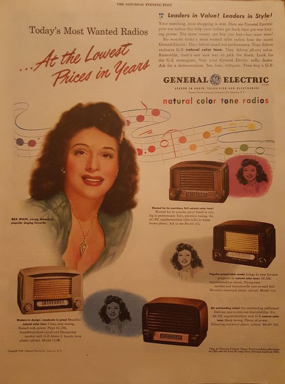 1940s Vintage Ad featuring Bea Wain, big band singer in General Electric ad 