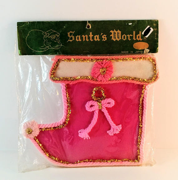 Vintage Pink & Gold Felt Stocking Christmas Card Holder