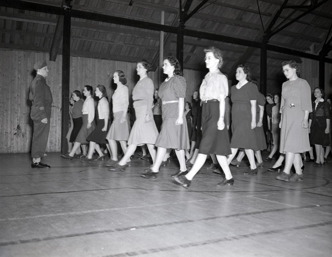 1940s Vintage Photo: 1941 Red Cross girls drilling in halifax canada for the Canadian WW2 Homefront Effort. 