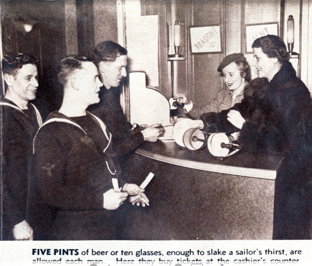 1940s vintage photo of the Ajax Club in 1941 in Halifax, Nova Scotia. Photo is of sailors cashing in their tickets for beers. 