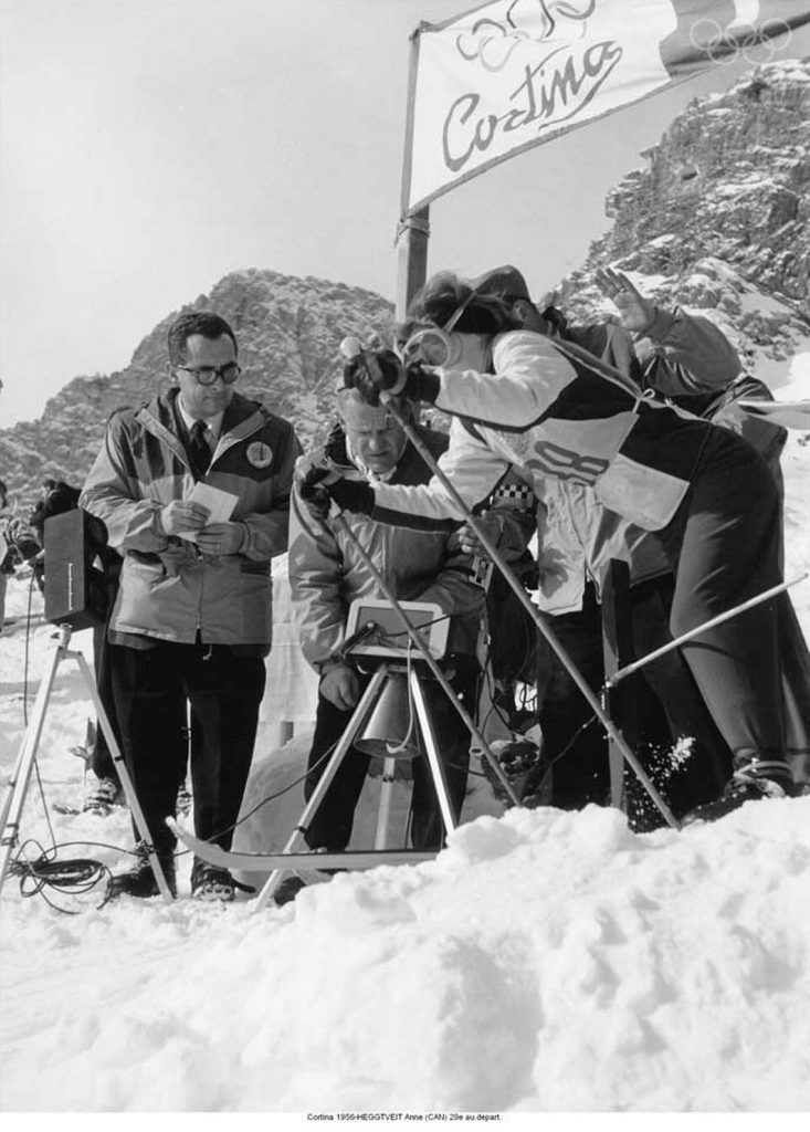 1950s Vintage photo: Winter Olympics - Cortina d'Ampezzo, Italy 1956. HEGGTVEIT Anne (CAN) 29th, at the start of her downhill skiing race.