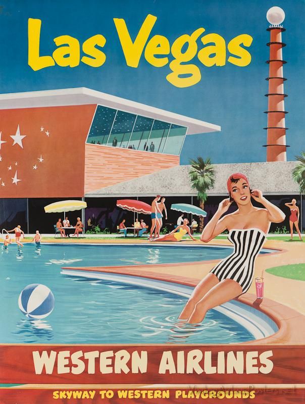 Las Vegas Western Airlines vintage ad- Mid Century Art. 