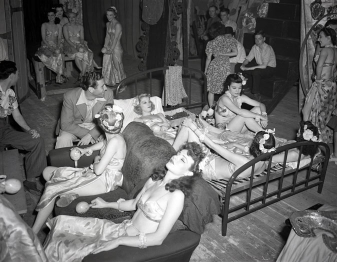 1940s vintage photo: Marcus Dance showgirls taking a break during or in-between shows-1941. Great examples of 1940s hairstyles. 