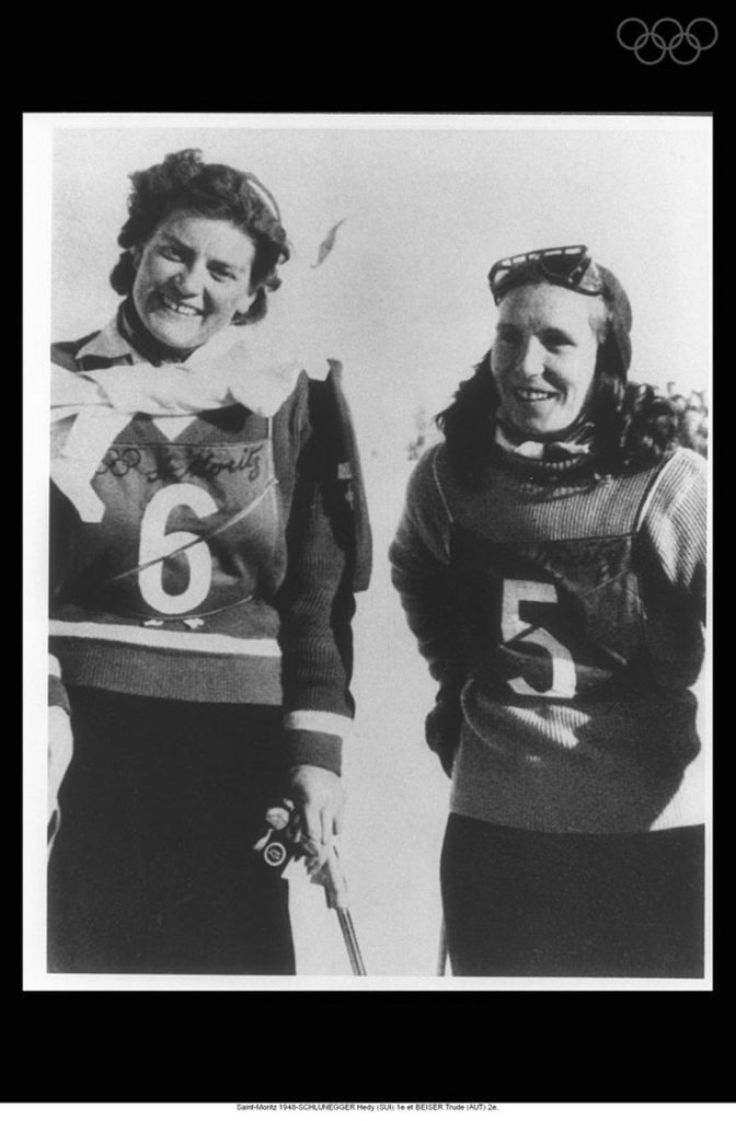 1940s Vintage Photo of the Olympic Games at St. Moritz, Switzerland 1948. Saint-Moritz 1948-SCHLUNEGGER Hedy (SUI) 1st and BEISER Trude (AUT) 2nd. Hedy Schlunegger (Switzerland-Left) becomes first women's downhill ski winner.