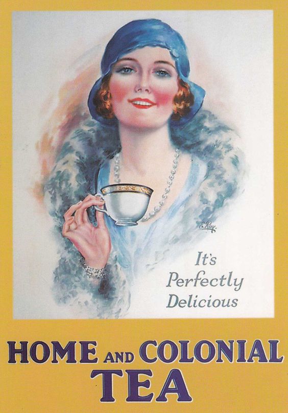 1920s Vintage Tea Ad Home and Colonial Tea featuring a woman in a 1920s look. 