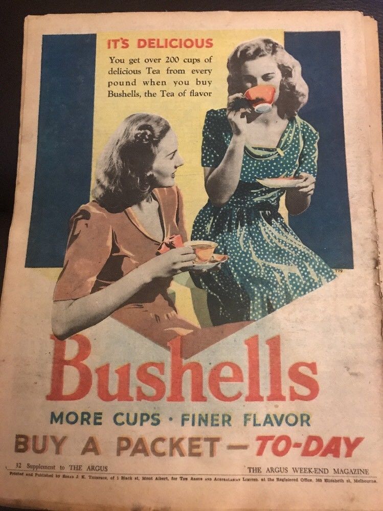 Bushells 1940s Vintage Tea Advertising featuring 2 women drinking tea in 1940s fashions and 1940s hairstyles. 