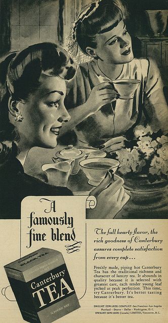 Illustrated Vintage Canterbury Tea Advertisement, 1944 featuring 1940s hairstyles. 