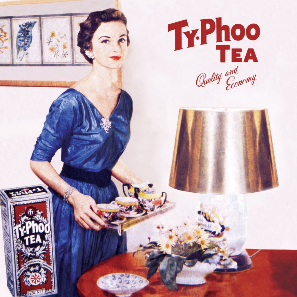 Typhoo tea vintage advertising featuring a woman in a 1950s dress serving tea. 