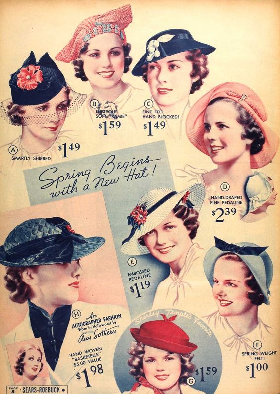 1930's Vintage millinery, fashion catalog page. 1930s women's fashions.