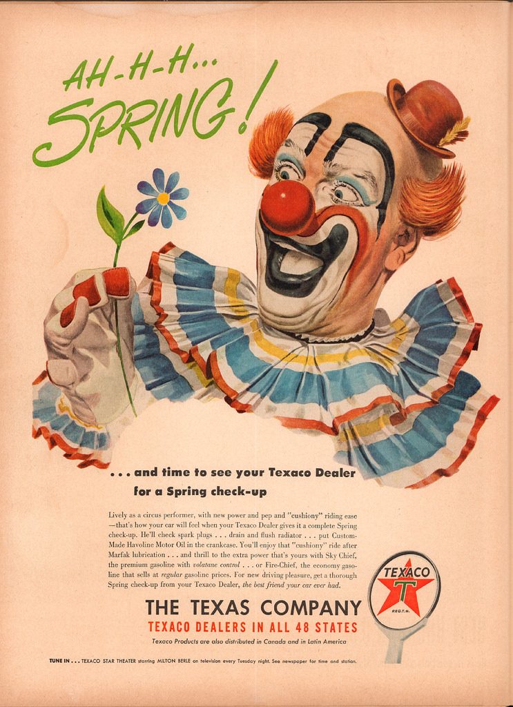 1950s vintage ad for Texaco featuring an illustration of a clown