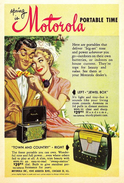 1950s Motorola portable radio featuring an illustration of a couple together. Print Ad is from a "Coronet" magazine ad June 1950