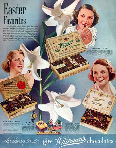 Late 1930s early 1940s chocolate advertisement for Whitman's Chocolates. Vintage Ad. 