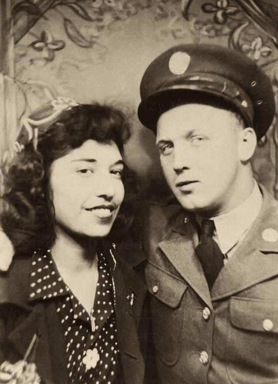 vintage photo Late 1940s Early 1950s young woman and soldier in photobooth