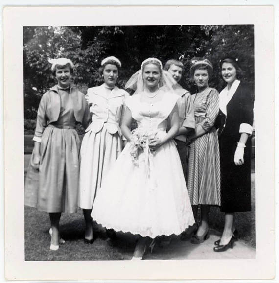 1950s Vintage Wedding Photo: 1950s bride on her wedding day, glowing surrounded by her ladies vintage photo