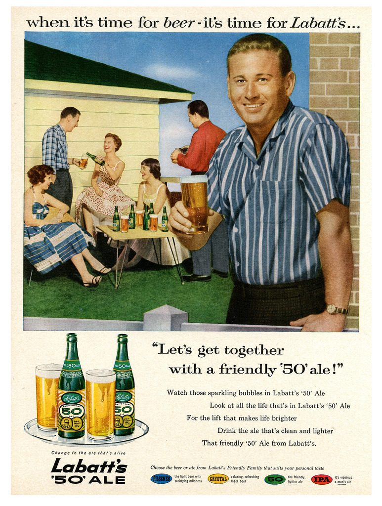 1950s vintage ad for a 1958 Labatt's Beer advertisement featuring beer for your backyard BBQ.