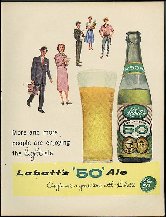 1950s /1960s vintage ad for Labatts 50 Ale Beer featuring an illustration of people 