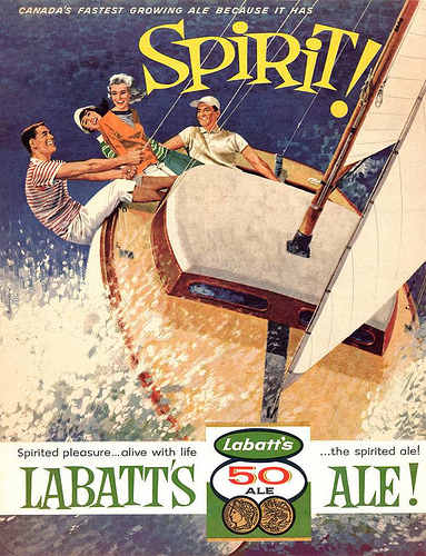 1950s Vintage Ad for Labatt's 50 Pale Ale Beer featuring an illustration of men and women sailing. 