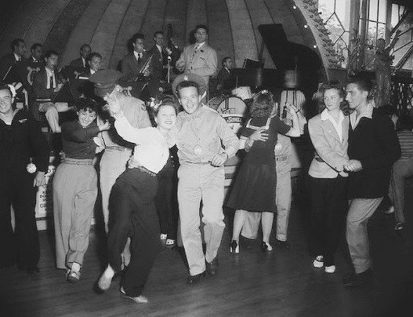 1940s Vintage Photo of a social Lindy hop dance in NY. Super 1940s fashions. 