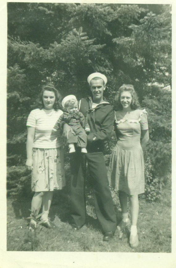 Navy Sailor and Baby Son in Matching Uniform Outfits 1940s WW2 Era Family Vintage Black White Photo Photograph