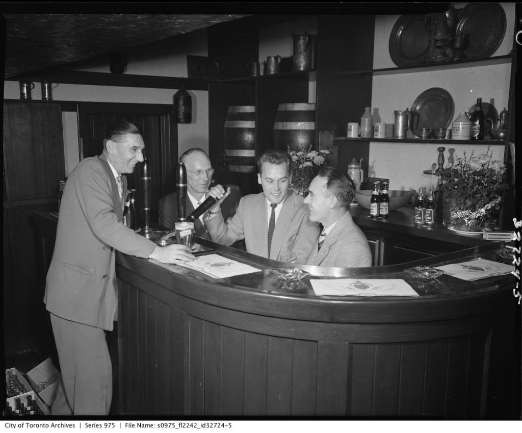 1950s vintage photo of the National Cash Register Rod & Gun Club tour of O'Keefe's [Pub] in 1956. 