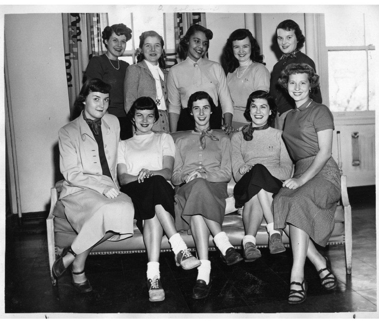 1950's Homecoming queens. Vintage photo of the 10 finalists in fantastic 1950s fashions and saddle shoes. 