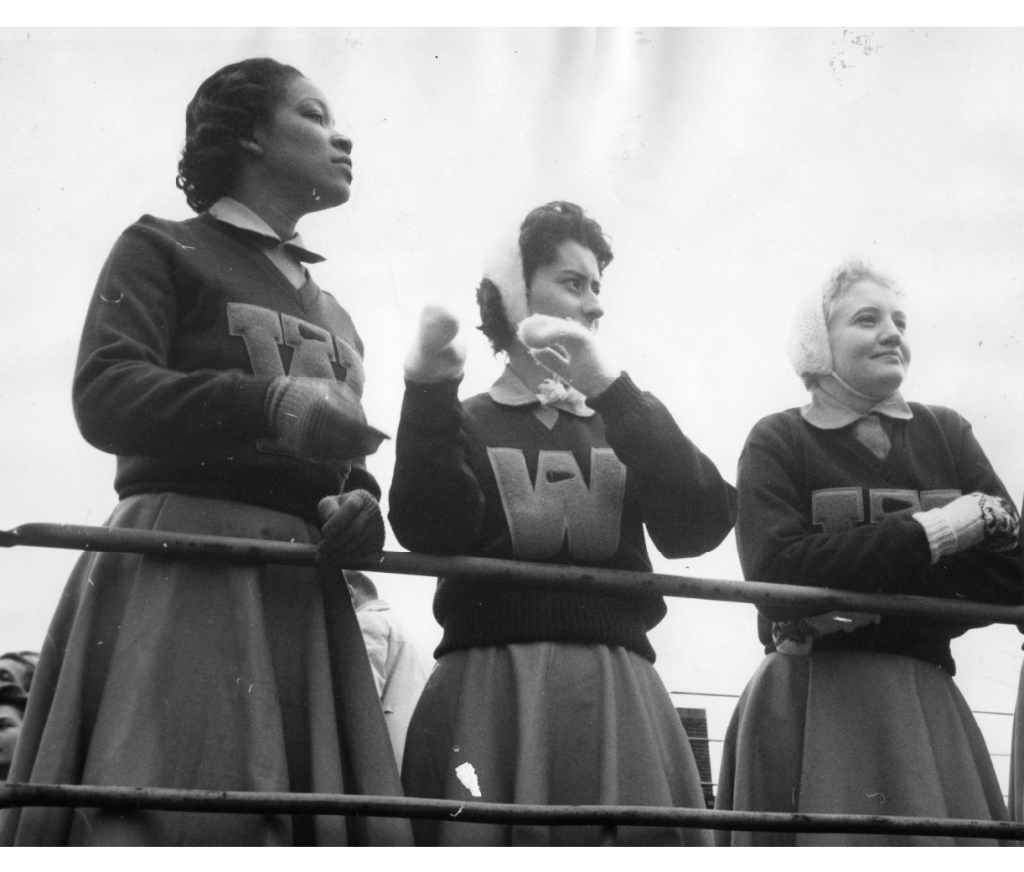 1950s Vintage Photo of Cheerleaders at Wayne State University wearing letterman sweater. 