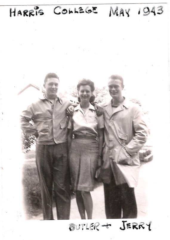 1940s Vintage Photo of two men and 1 women in 1940s fashions posing together for a photo at Harris College, May 1943. 