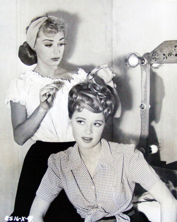 actresses June Havoc and Helen Walker doing their hair in the 1940s. vintage photo