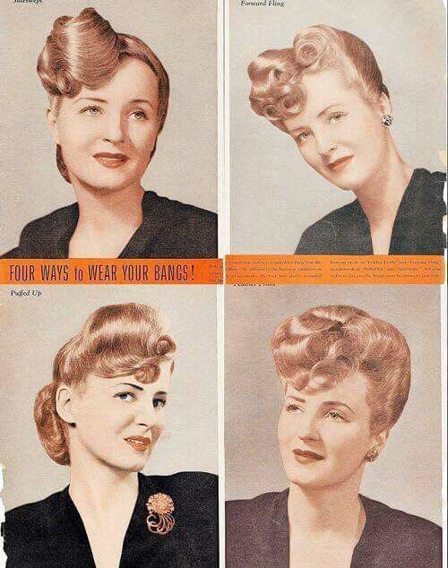 1940s vintage hairstyle photo for women on how to wear your bangs in four different ways. 