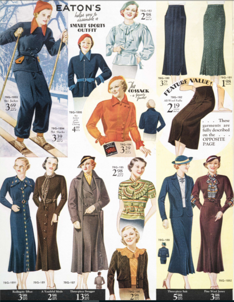 1934 1935 Womens Fashion for Fall and Winter Eatons Catalogue Skirts and Skiing outfits