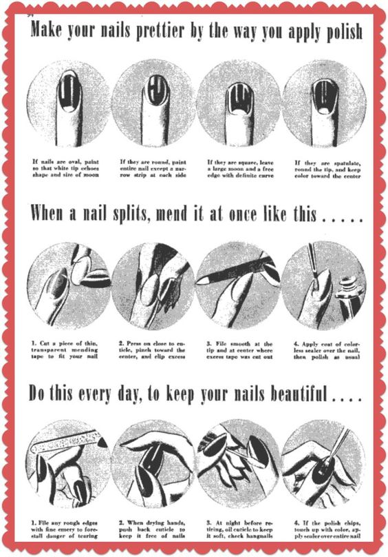 1940s vintage advertising for a Manicure nail guide featuring the ways t he ways to polish your nails. 