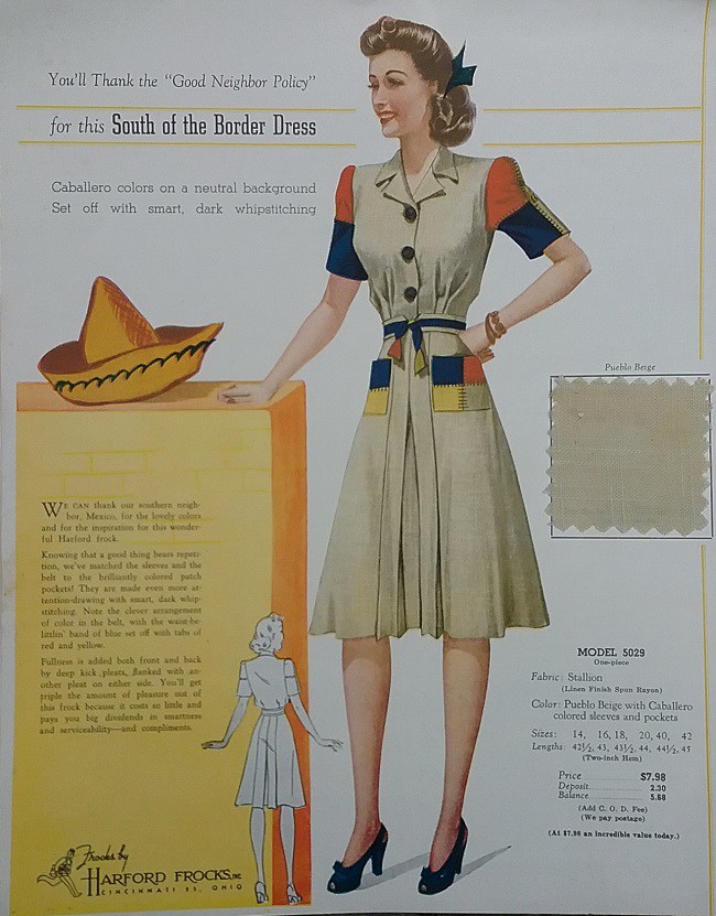 1940s Fashion: 1940s/1950s Harford Frocks Sales Card featuring a woma in a shirtwaist dress