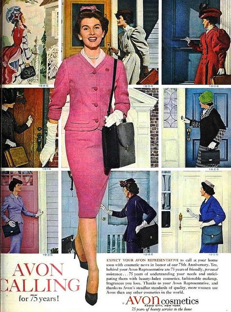 1960s Vintage for Avon in 1961 showcasing images of the Avon lady going door to door for 75 years. 